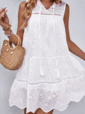 Momentlover Split-Joint Solid Color Lace-Up Hollow Sleeveless Loose Round-Neck Mini Dresses