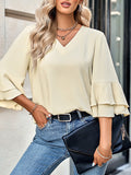 Momentlover Solid Color Ruffle Sleeves Loose V-Neck T-Shirts Tops