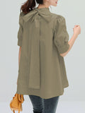 Momentlover Solid Color Pleated Bowknot Loose Half Sleeves Mock Neck Blouses&Shirts Tops