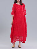 Momentlover Solid Color See-Through Flower Print Loose Half Sleeves Round-Neck Midi Dresses