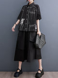Momentlover Split-Joint Printed Contrast Color Short Sleeves Loose Lapel Blouses