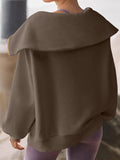 Momentlover Zipper Solid Color Loose Long Sleeves V-Neck Sweatshirt Tops