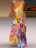 Momentlover Heart Print Sleeveless Loose Round-neck Maxi Dresses