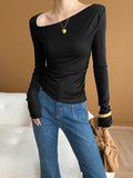 Momentlover Solid Color Skinny Long Sleeves Asymmetric Collar T-Shirts Tops