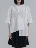Momentlover Tied Solid Color Buttoned Asymmetric Short Sleeves Raglan Sleeve Stand Collar Blouses&Shirts Tops