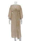 Momentlover Tied Waist Split-Side Solid Color See-Through Three-Quarter Sleeves Loose V-Neck Midi Dresses