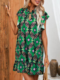 Momentlover Tied Split-Joint Printed Pleated Hollow Short Sleeves Ruffle Sleeves Round-Neck Mini Dresses