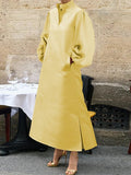 Momentlover Split-Side Solid Color Pockets Pleated Buttoned Puff Sleeves Loose Stand Collar Midi Dresses