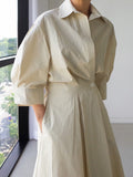 Momentlover Long Sleeves Loose Pleated Solid Color Split-Joint Tied Waist Lapel Midi Dresses Shirt Dress
