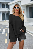 Momentlover High-Low Slit Round Neck Long Sleeve Sweater