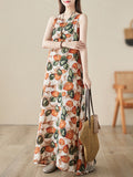 Momentlover Printed Sleeveless Loose Round-Neck Midi Dresses
