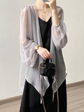 Momentlover Bishop Sleeve Long Sleeves See-Through Split-Joint Tied Collarless Blouses&Shirts Tops