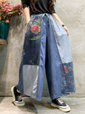 Momentlover Casual Wide Leg Loose Color-Block Bandage Embroidered Jean Pants Bottoms