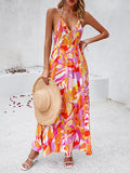 Momentlover Tied Split-Side Printed Pleated Elasticity Backless Sleeveless High Waisted Halter-Neck Maxi Dresses