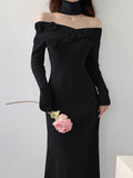 - Ribbed Floral Decor Dress, Elegant Long Sleeve Bodycon Midi Dress, Women's Clothing