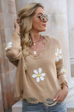 Momentlover Flower Distressed Ribbed Trim Sweater