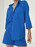 Momentlover Split-Joint Solid Color High-Waisted Elasticity Drawstring Wide Leg Loose Lapel Two Pieces Set