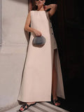 Momentlover Loose Sleeveless Solid Color Split-Side Round-Neck Maxi Dresses