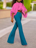 Momentlover Solid Color Puff Sleeves Loose Mock Neck Blouses&Shirts Tops