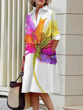 Momentlover Long Sleeves Loose Floral Printed Split-Joint Lapel Midi Dresses Shirt Dress