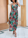 Momentlover Leaves Print Elasticity Sleeveless High Waisted V-Neck Midi Dresses