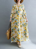 Momentlover Split-Joint Flower Print Loose Long Sleeves Round-Neck Midi Dresses