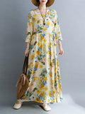 Momentlover Split-Joint Flower Print Loose Long Sleeves Round-Neck Midi Dresses