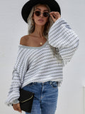 Momentlover Striped Drop Shoulder V-Neck Pullover Sweater