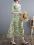 Momentlover Split-Joint Printed Pleated Hollow Short Sleeves Loose Round-Neck Midi Dresses