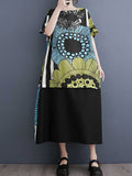 Momentlover Split-Joint Pockets Flower Print Short Sleeves Loose Round-Neck Midi Dresses