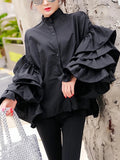 Momentlover Solid Color Ruffled Layered Buttoned Loose Long Sleeves Mock Neck Blouses&Shirts Tops