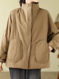 Momentlover Long Sleeves Loose Buttoned Polka-Dot Quilted Solid Color High Neck Padded Coat