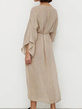 Momentlover Tied Waist Split-Side Solid Color See-Through Three-Quarter Sleeves Loose V-Neck Midi Dresses