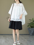 Momentlover Split-Joint See-Through Pleated Falbala Short Sleeves Loose Round-Neck T-Shirts