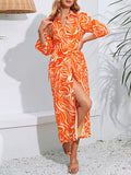 Momentlover Tied Waist Printed Elasticity Nine-Minute Sleeve High Waisted V-Neck Shirt Dress Midi Dresses