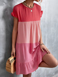 Momentlover Split-Joint Pleated Falbala Contrast Color Ruffle Sleeves Loose Round-Neck Mini Dresses