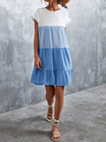 Momentlover Split-Joint Pleated Falbala Contrast Color Ruffle Sleeves Loose Round-Neck Mini Dresses