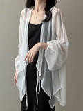 Momentlover Bishop Sleeve Long Sleeves See-Through Split-Joint Tied Collarless Blouses&Shirts Tops