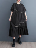 Momentlover Split-Joint Pleated Short Sleeves Loose Round-Neck Midi Dresses