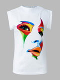 momentlover Original Casual High-Neck Cap Sleeves Face Printed T-Shirt Top