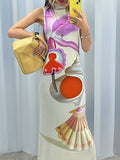 Momentlover Split-Back Flower Print Sleeveless High Waisted Mock Neck Maxi Dresses
