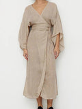 Momentlover Tied Waist Split-Side Solid Color See-Through Three-Quarter Sleeves Loose V-Neck Midi Dresses