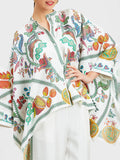 Momentlover Batwing Sleeves High-Low Buttoned Flower Print Mock Neck Blouses&Shirts Tops