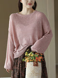 Momentlover Solid Color See-Through Loose Long Sleeves Round-Neck Sweater Tops