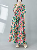 Momentlover Split-Joint Printed Polka-Dot Pleated Loose Half Sleeves Round-Neck Midi Dresses