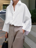 momentlover Long Sleeves Loose Solid Color Lapel Collar Blouses&Shirts Tops