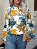 Momentlover Pleated Flower Print Elasticity Puff Sleeves Loose Mock Neck Blouses&Shirts Tops