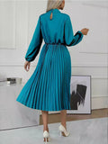 Momentlover Solid Color Pleated No Belt Hollow Elasticity Buttoned Puff Sleeves Loose High Neck Midi Dresses