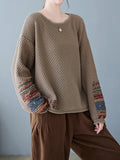 Momentlover Split-Joint Printed Loose Long Sleeves Round-Neck Sweater Tops Pullovers