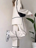 Momentlover Round-Neck High-Low Contrast Color Split-Side Sweater Top + High Waisted Pants Bottom Two Pieces Set